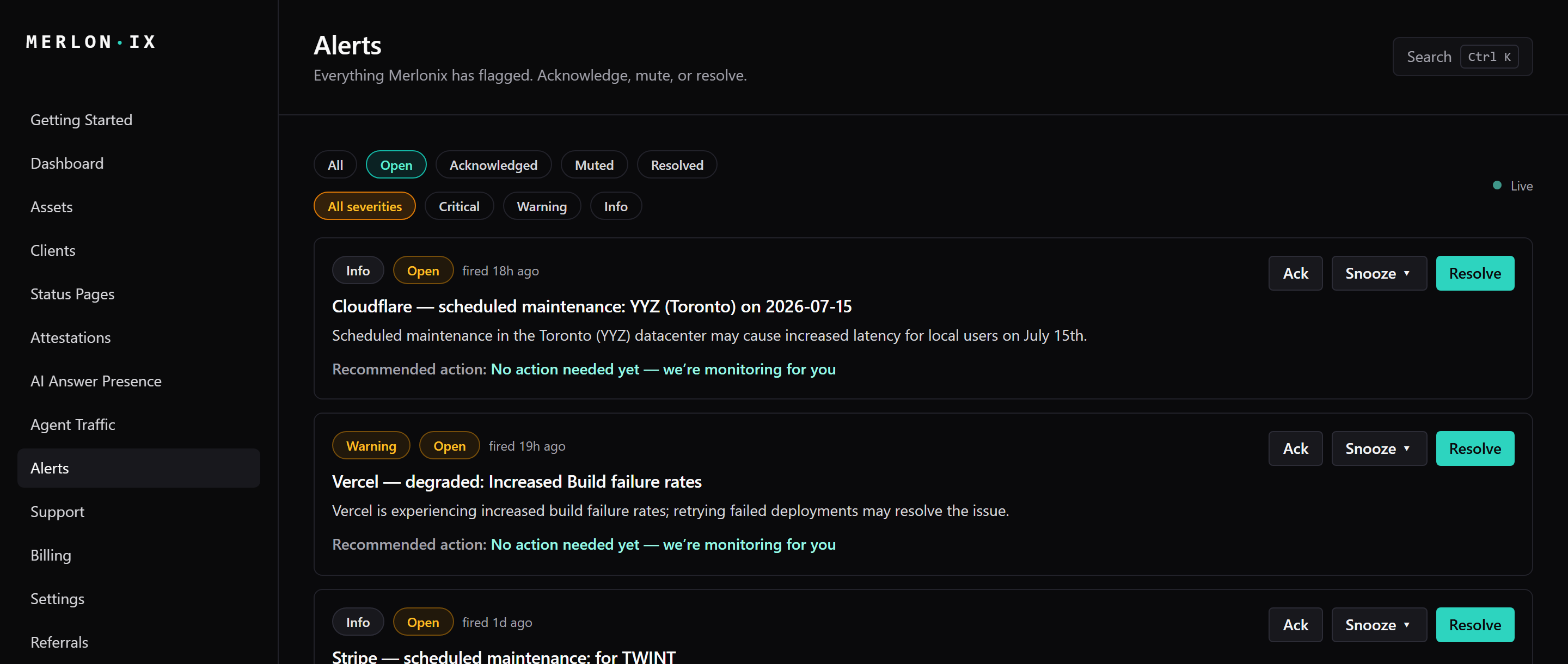 The Merlonix alerts view: filterable open/acknowledged/resolved alerts with severity, a recommended action, and acknowledge, snooze, and resolve controls.