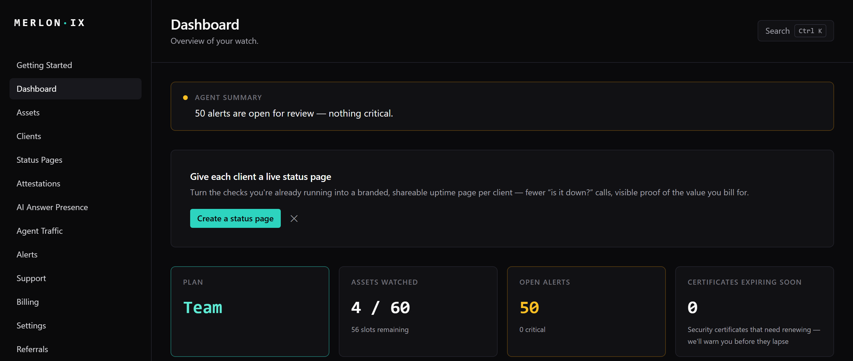 The Merlonix dashboard: an agent summary, per-client status-page prompt, and stat tiles for plan, assets watched, open alerts, and certificates expiring soon.