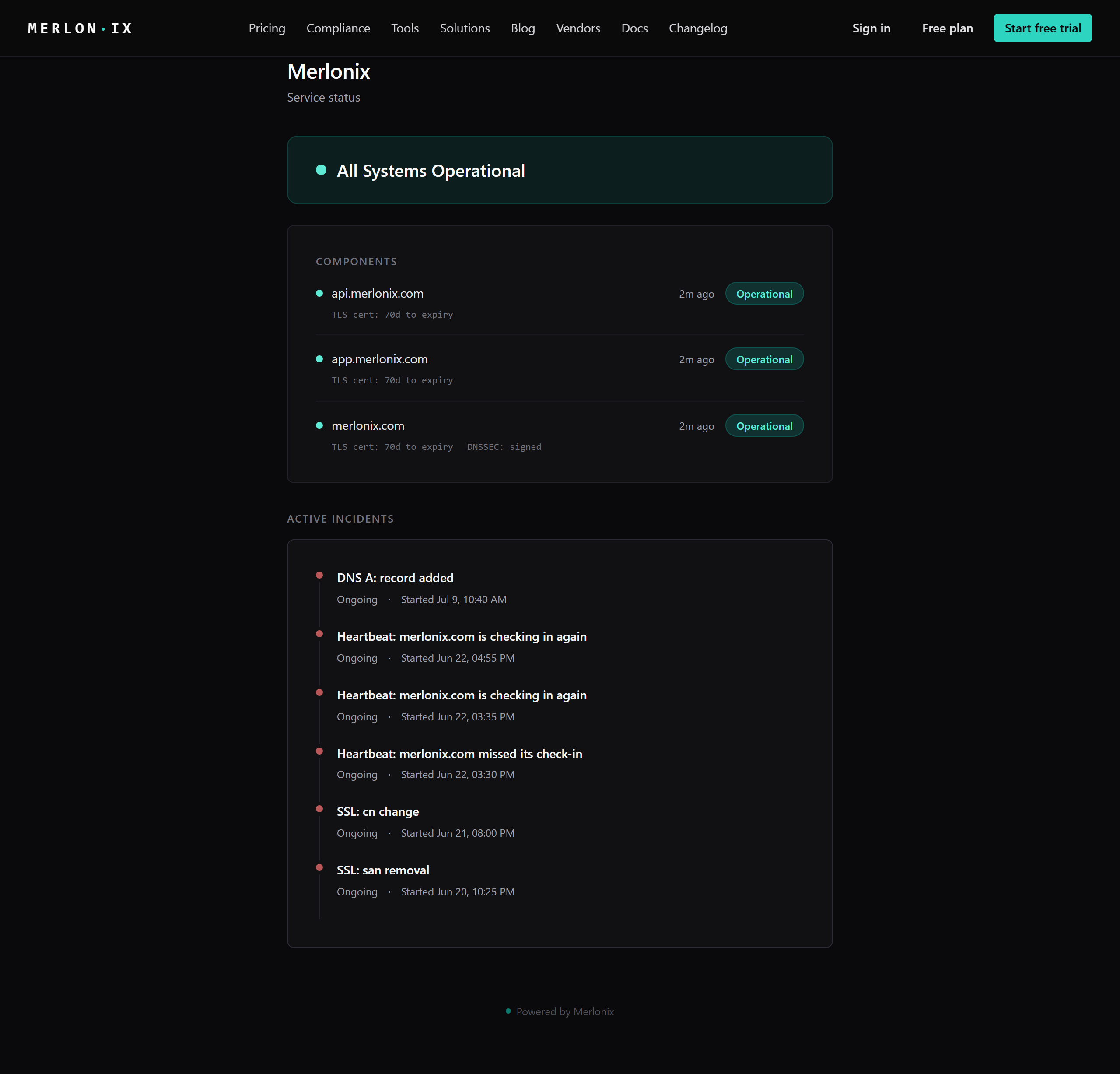 A live Merlonix public status page: overall status, per-component health with TLS-certificate expiry and DNSSEC, and recent incidents.